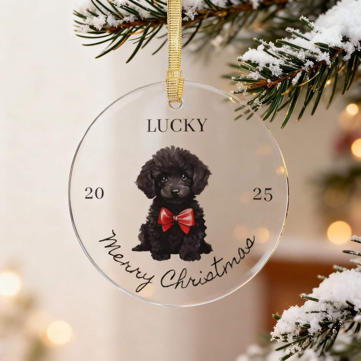 Acrylic ornament hanging on decorated holiday tree