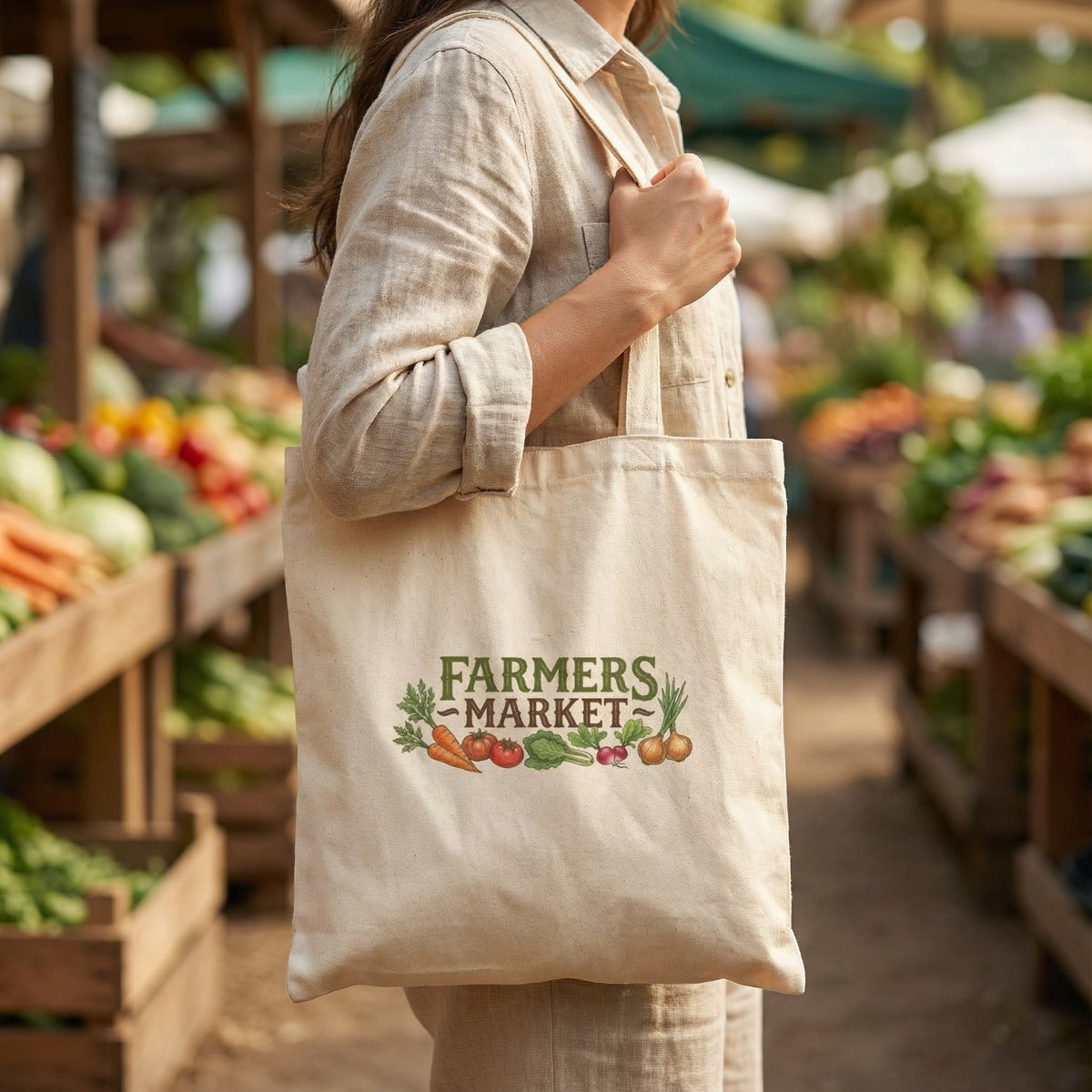 Lifestyle canvas tote bag at farmers market