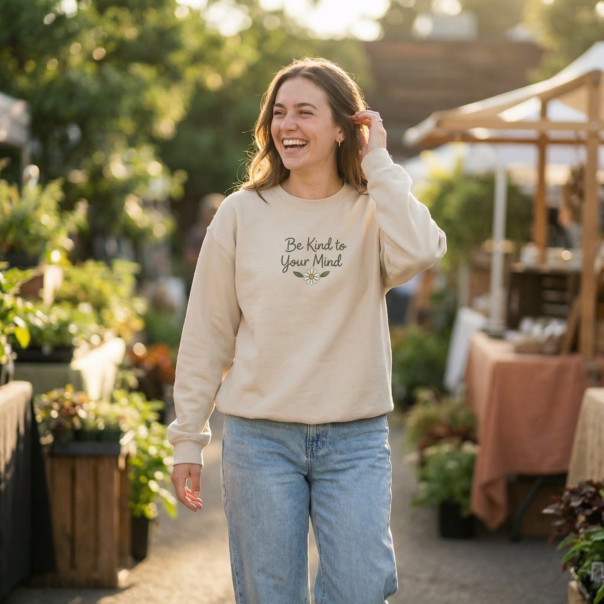 Lifestyle crewneck sweatshirt mockup with kind mind design