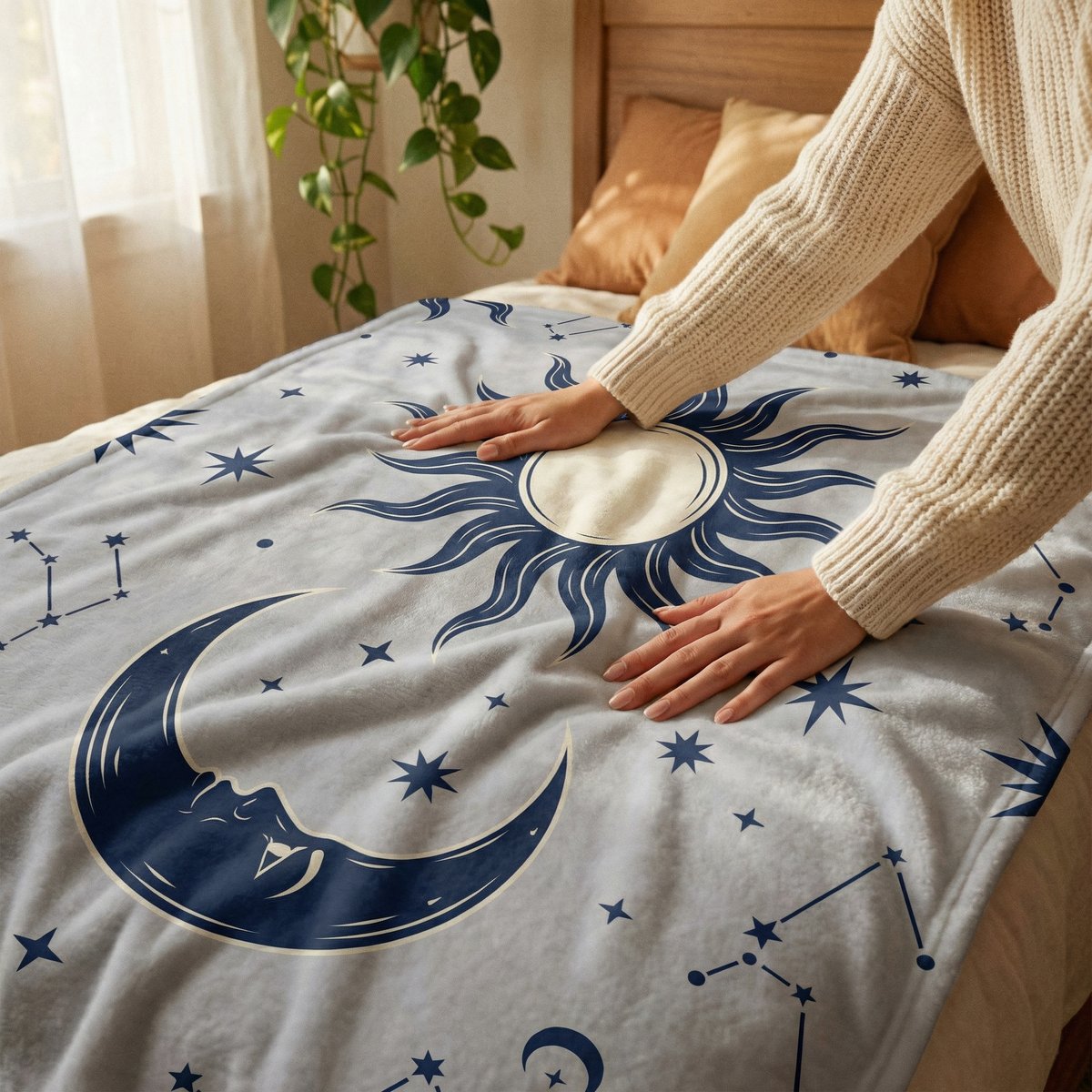 Celestial sun and moon fleece blanket in bedside lifestyle scene