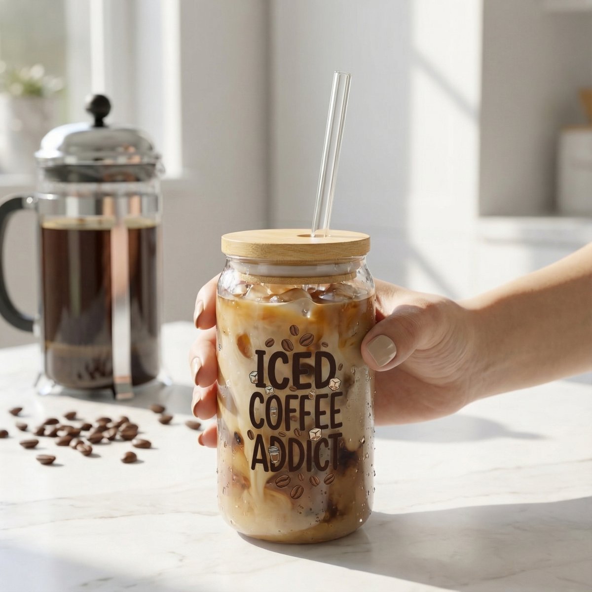 Lifestyle sipper glass with iced coffee