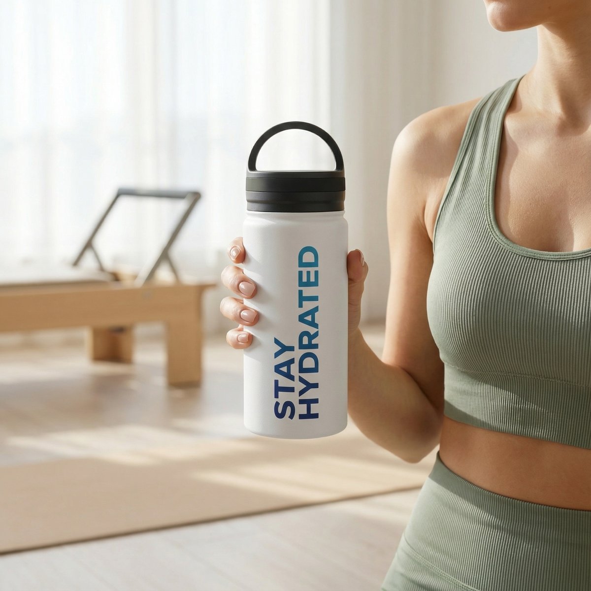 Lifestyle steel water bottle in gym setting