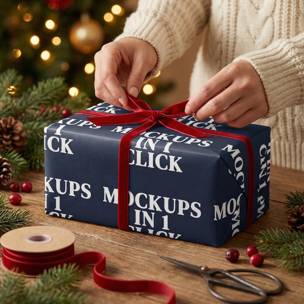 Wrapped present scene styled with kraft paper accents