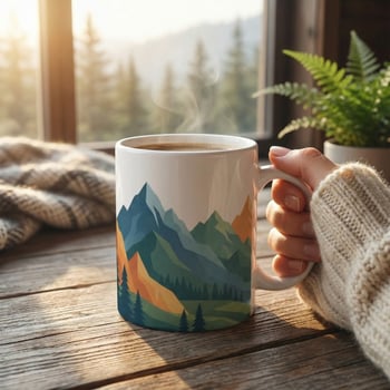 Lifestyle mug scene with mountain design
