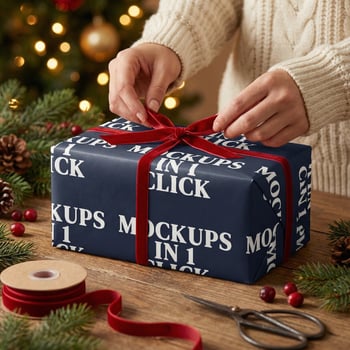 Wrapped present scene styled with kraft paper accents
