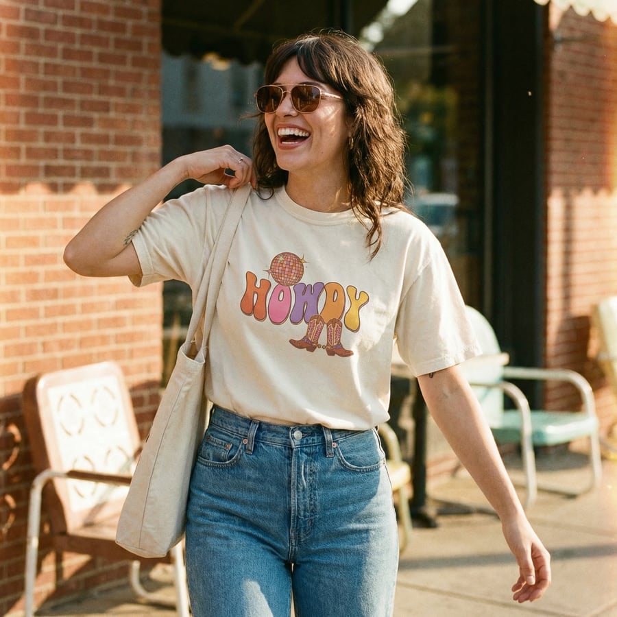 Lifestyle t-shirt scene with howdy disco boots design