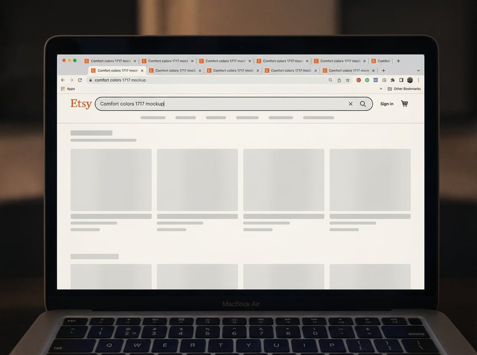 Etsy search workflow with multiple mockup tabs open.