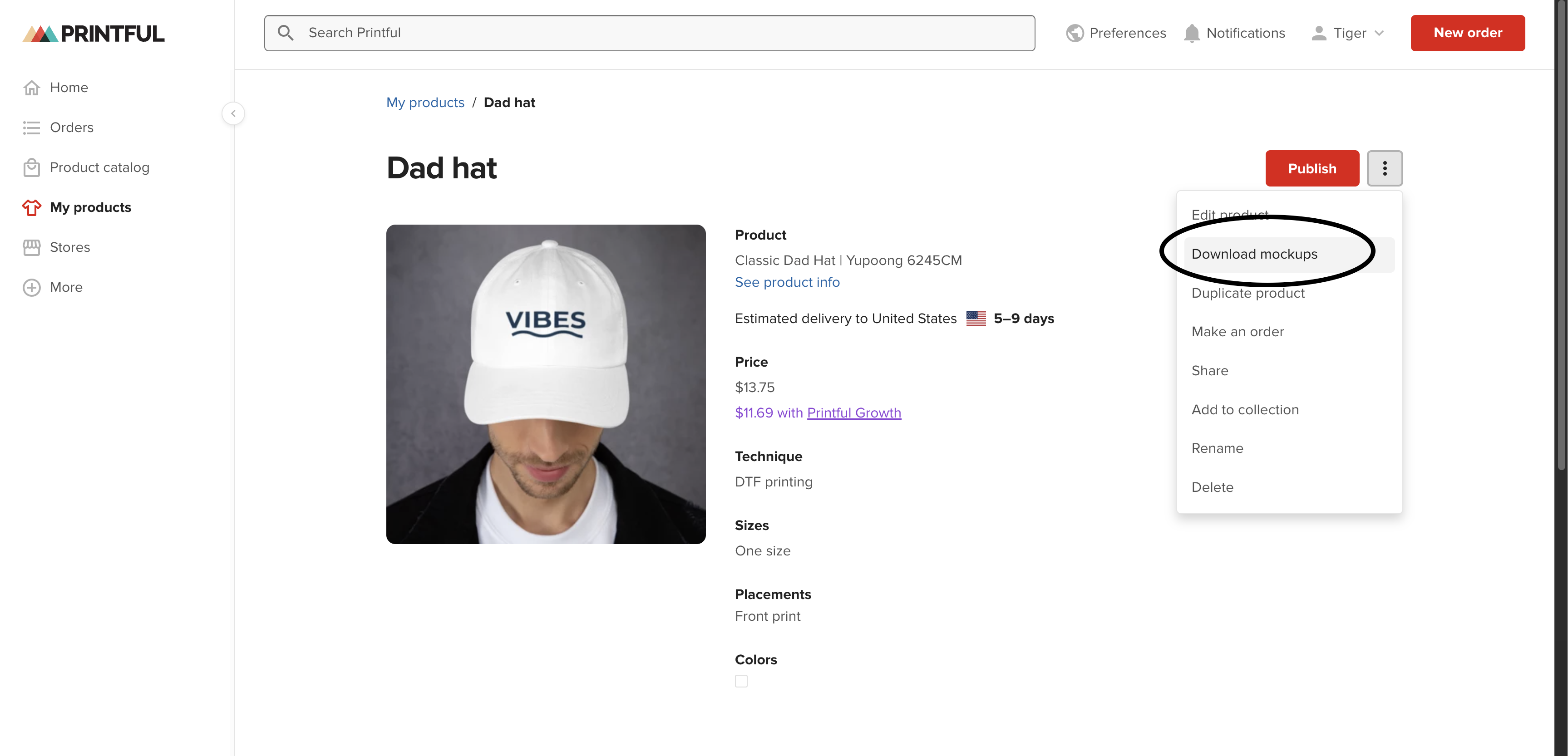Printful interface showing where to download a high-resolution preview